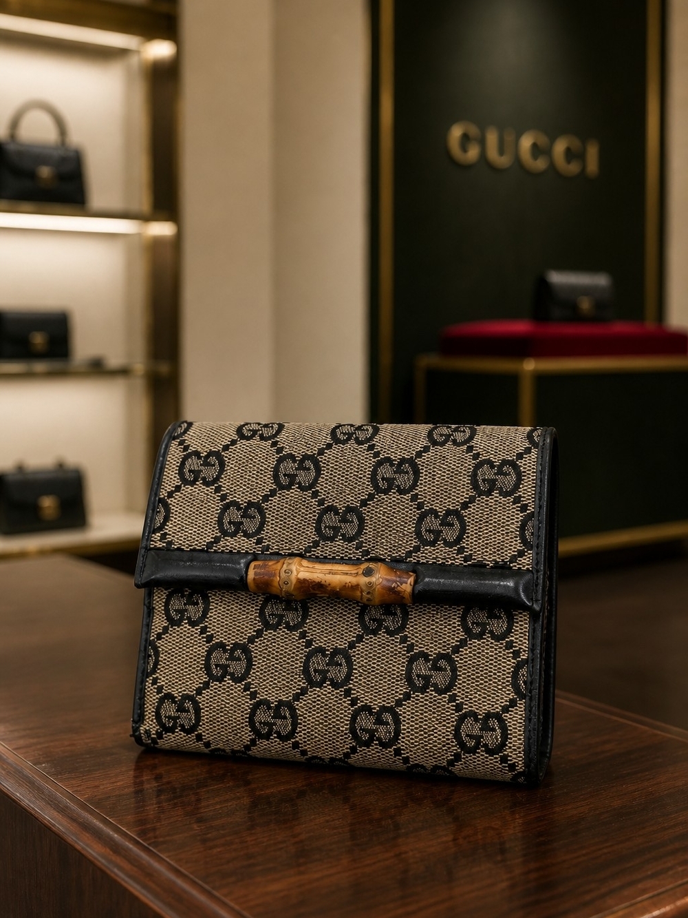 Gucci Beige Brown GG Canvas Wallet with Black Trim and Bamboo Accent